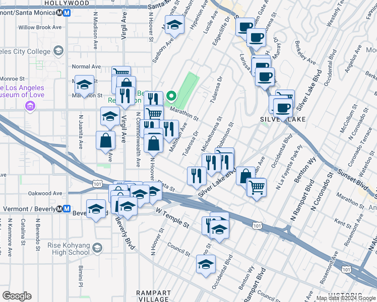 map of restaurants, bars, coffee shops, grocery stores, and more near 623 Micheltorena Street in Los Angeles