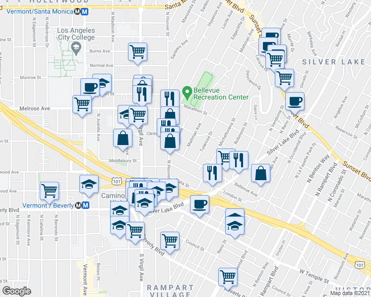 map of restaurants, bars, coffee shops, grocery stores, and more near 3513 Bellevue Avenue in Los Angeles