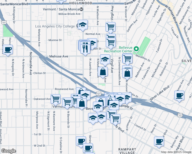 map of restaurants, bars, coffee shops, grocery stores, and more near 3917 Middlebury Street in Los Angeles