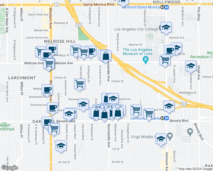 map of restaurants, bars, coffee shops, grocery stores, and more near 505 North Normandie Avenue in Los Angeles