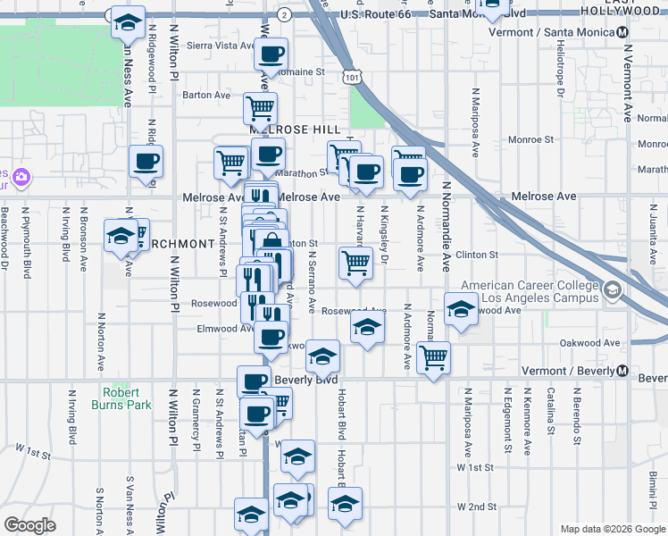 map of restaurants, bars, coffee shops, grocery stores, and more near 502 North Serrano Avenue in Los Angeles