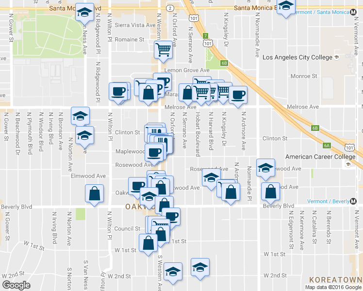 map of restaurants, bars, coffee shops, grocery stores, and more near 502 North Serrano Avenue in Los Angeles