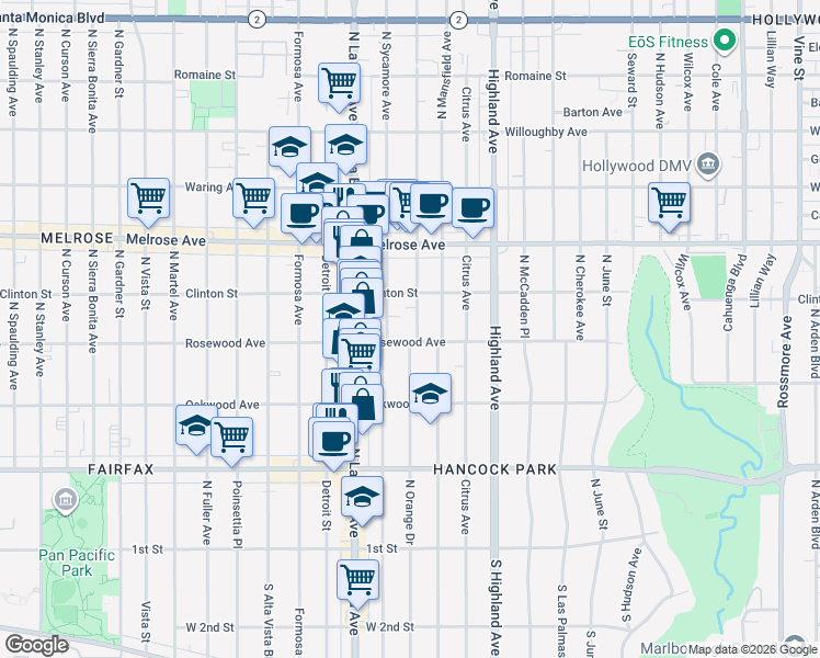 map of restaurants, bars, coffee shops, grocery stores, and more near 515 North Orange Drive in Los Angeles