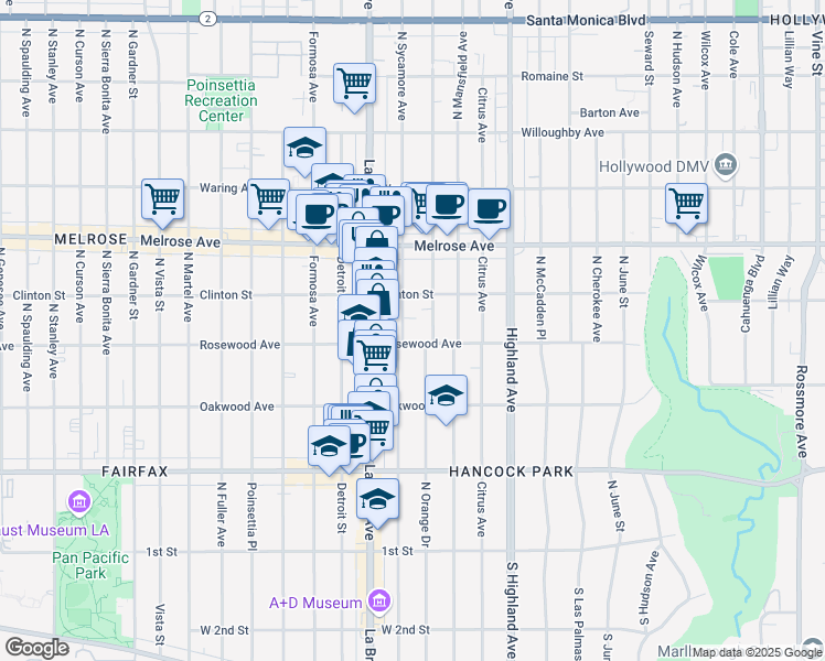 map of restaurants, bars, coffee shops, grocery stores, and more near 450 North Sycamore Avenue in Los Angeles