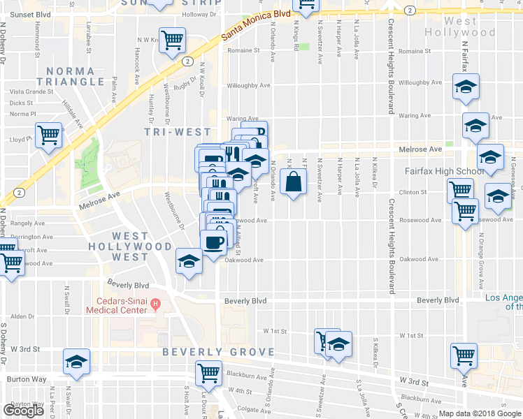 map of restaurants, bars, coffee shops, grocery stores, and more near 468 North Croft Avenue in Los Angeles