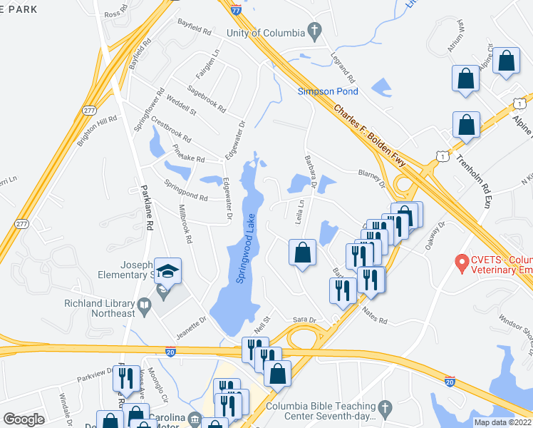 map of restaurants, bars, coffee shops, grocery stores, and more near 1693 Horseshoe Drive in Columbia