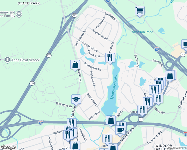 map of restaurants, bars, coffee shops, grocery stores, and more near 7550 Millbrook Road in Columbia