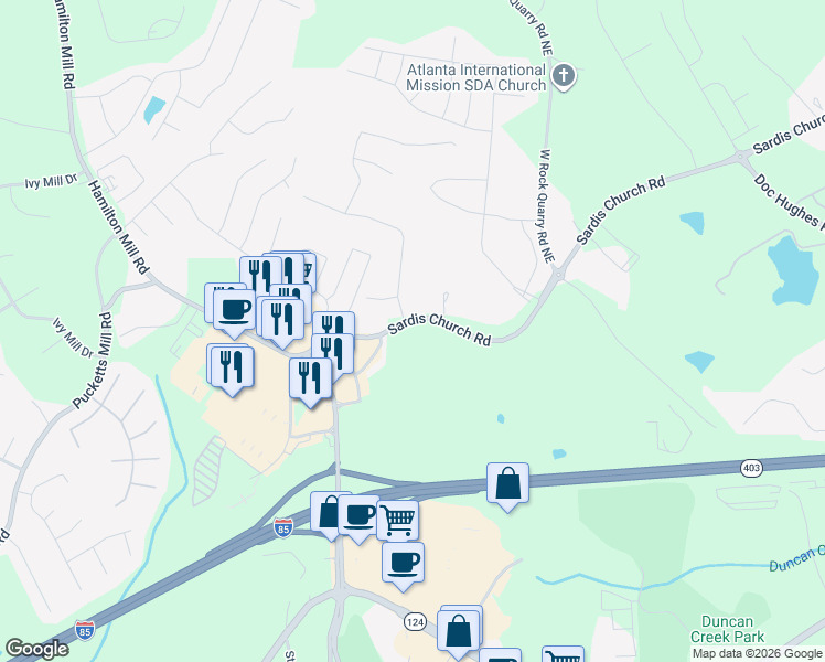 map of restaurants, bars, coffee shops, grocery stores, and more near 3587 Sardis Church Road in Buford