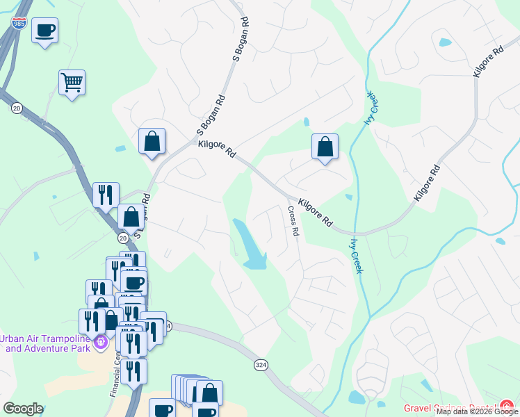 map of restaurants, bars, coffee shops, grocery stores, and more near 3733 Fallen Oak Drive in Buford