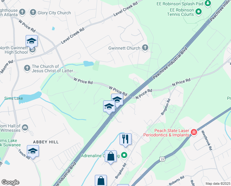 map of restaurants, bars, coffee shops, grocery stores, and more near 4534 West Price Road in Sugar Hill