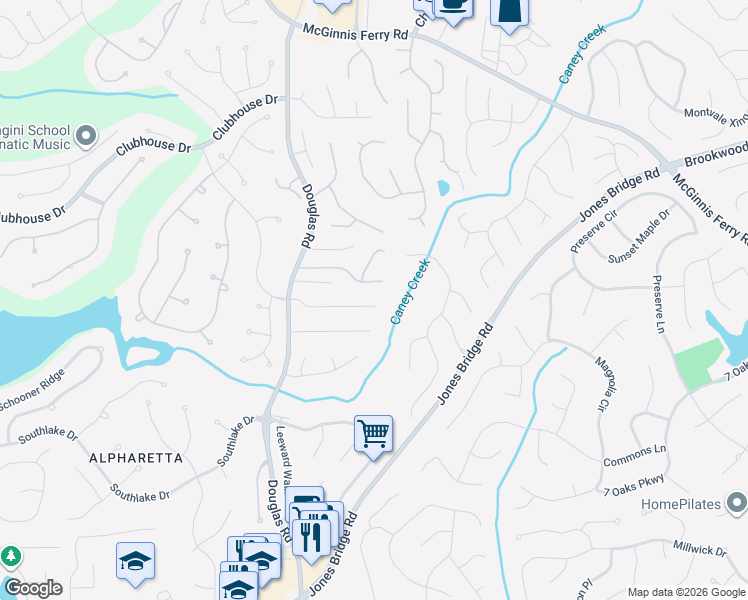 map of restaurants, bars, coffee shops, grocery stores, and more near 1325 Redbud Drive in Alpharetta
