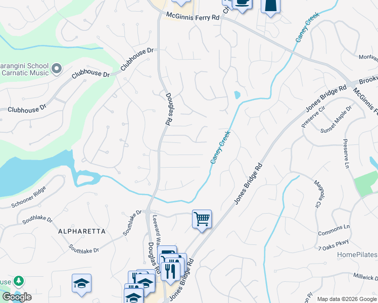 map of restaurants, bars, coffee shops, grocery stores, and more near 1265 Redbud Drive in Alpharetta