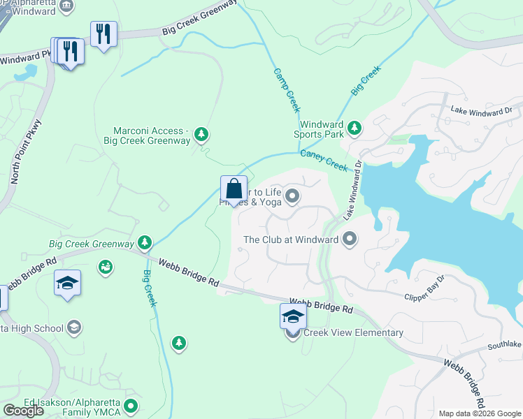 map of restaurants, bars, coffee shops, grocery stores, and more near 8424 Mountain Pine Lane in Alpharetta