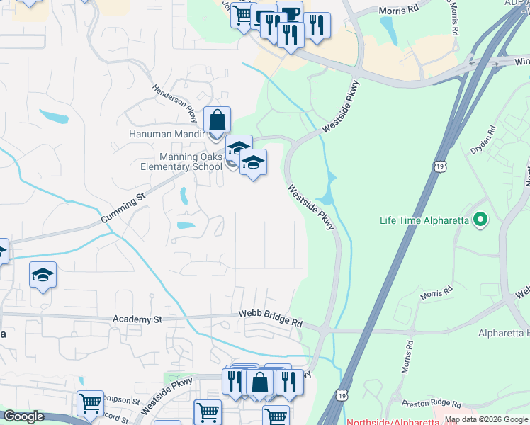 map of restaurants, bars, coffee shops, grocery stores, and more near 175 Crestwood Court in Alpharetta
