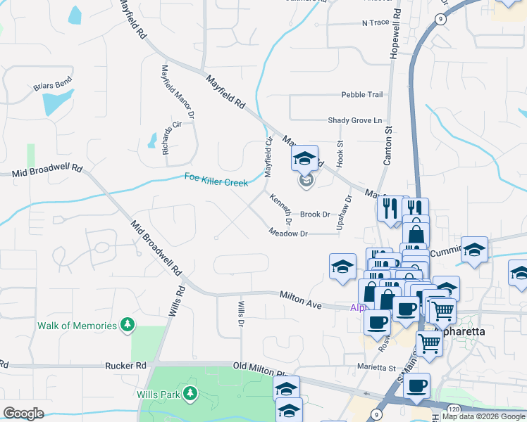 map of restaurants, bars, coffee shops, grocery stores, and more near 312 Meadow Drive in Alpharetta