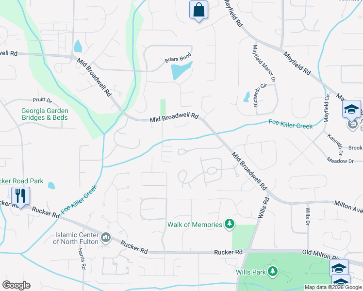 map of restaurants, bars, coffee shops, grocery stores, and more near 3079 Steeplechase Drive in Alpharetta