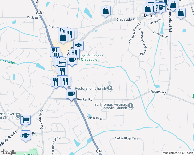 map of restaurants, bars, coffee shops, grocery stores, and more near 2035 Jordan Lane in Alpharetta