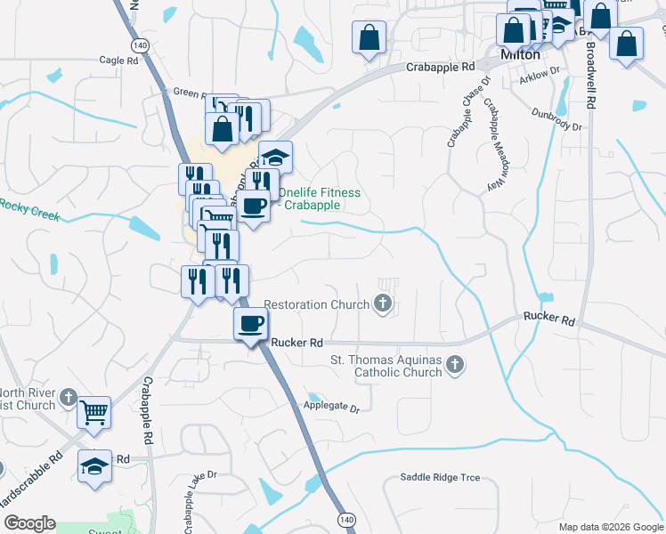 map of restaurants, bars, coffee shops, grocery stores, and more near 12206 Limeridge Court in Alpharetta