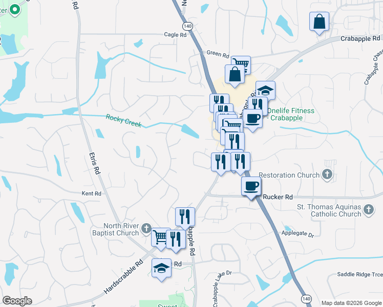 map of restaurants, bars, coffee shops, grocery stores, and more near 1604 Sweet Apple Circle in Alpharetta