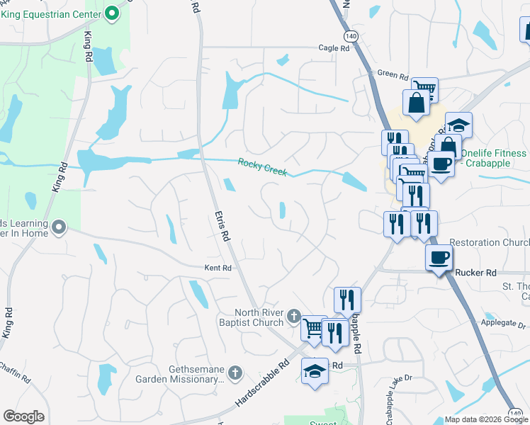 map of restaurants, bars, coffee shops, grocery stores, and more near 925 Wilde Run Court in Roswell