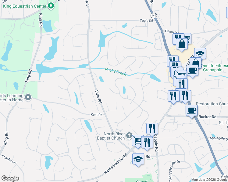 map of restaurants, bars, coffee shops, grocery stores, and more near 340 Summer Shade Lane in Roswell