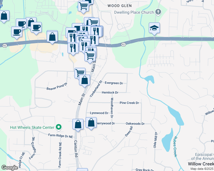 map of restaurants, bars, coffee shops, grocery stores, and more near 606 Evergreen Drive in Woodstock