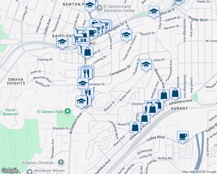 map of restaurants, bars, coffee shops, grocery stores, and more near 4962 Gambier Street in Los Angeles