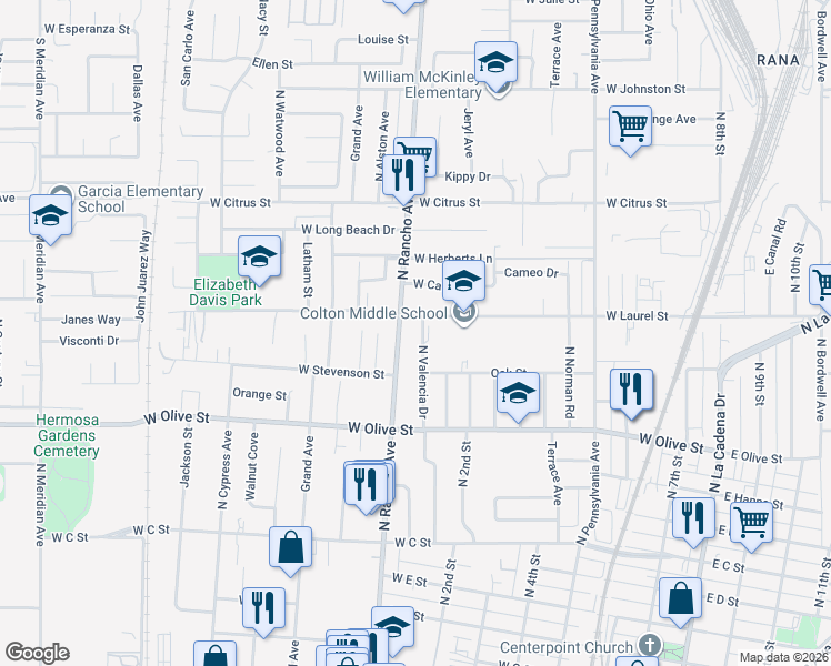map of restaurants, bars, coffee shops, grocery stores, and more near 1230 North Rancho Avenue in Colton