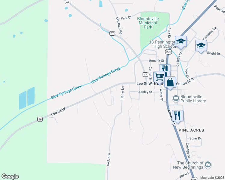 map of restaurants, bars, coffee shops, grocery stores, and more near 1175 Cedar Lane in Blountsville
