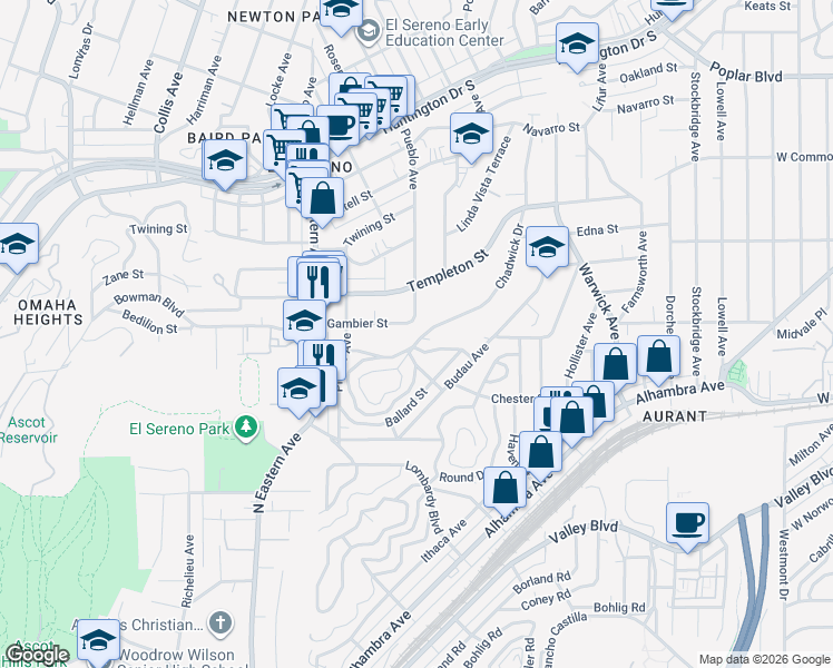map of restaurants, bars, coffee shops, grocery stores, and more near 3015 Chadwick Drive in Los Angeles