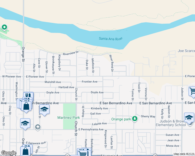 map of restaurants, bars, coffee shops, grocery stores, and more near 966 Frontier Avenue in Redlands