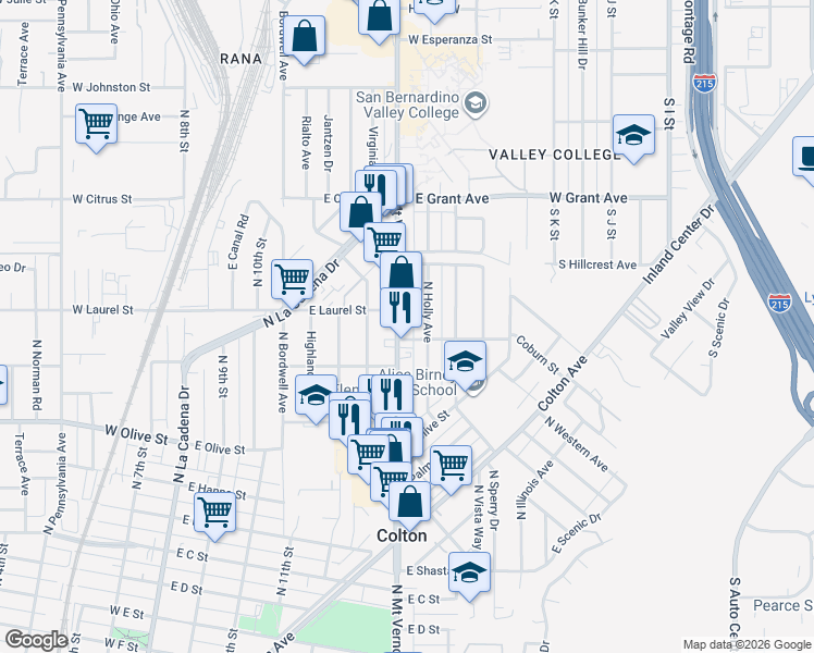 map of restaurants, bars, coffee shops, grocery stores, and more near 1290 North Mount Vernon Avenue in Colton