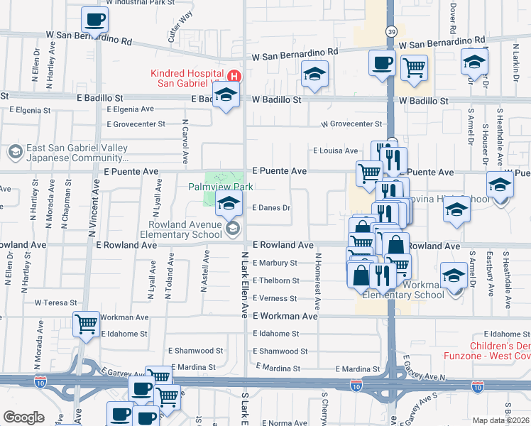 map of restaurants, bars, coffee shops, grocery stores, and more near 1438 East Pioneer Drive in West Covina