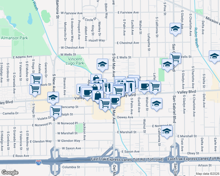 map of restaurants, bars, coffee shops, grocery stores, and more near in San Gabriel