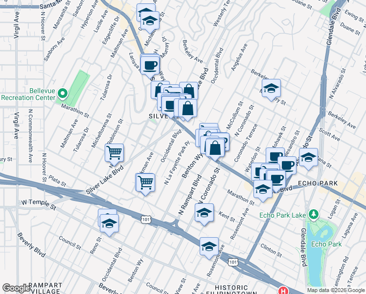 map of restaurants, bars, coffee shops, grocery stores, and more near 824 North La Fayette Park Place in Los Angeles