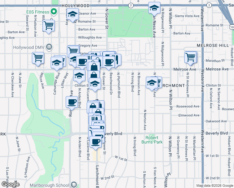 map of restaurants, bars, coffee shops, grocery stores, and more near 532 North Beachwood Drive in Los Angeles