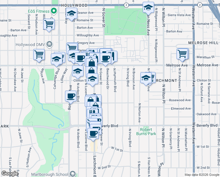 map of restaurants, bars, coffee shops, grocery stores, and more near 532 North Beachwood Drive in Los Angeles
