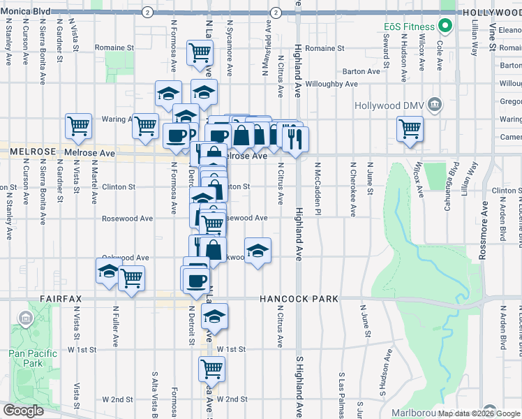 map of restaurants, bars, coffee shops, grocery stores, and more near 457 North Mansfield Avenue in Los Angeles