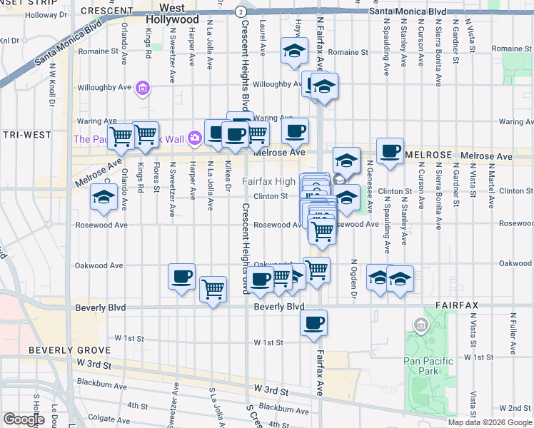 map of restaurants, bars, coffee shops, grocery stores, and more near 465 North Laurel Avenue in Los Angeles