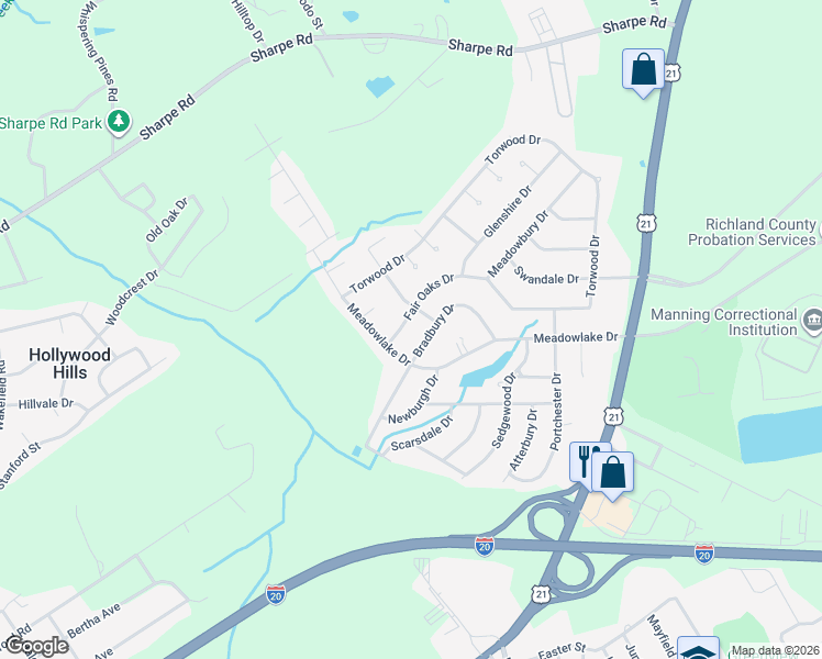 map of restaurants, bars, coffee shops, grocery stores, and more near 221 Fair Oaks Drive in Columbia