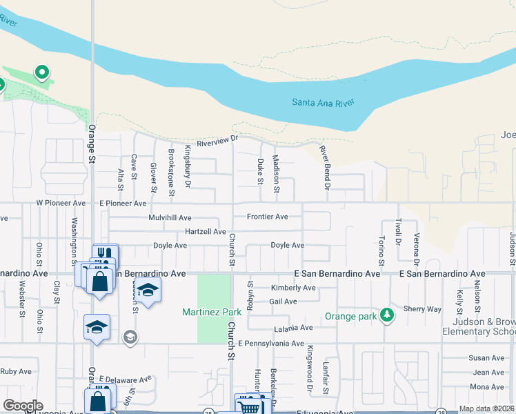 map of restaurants, bars, coffee shops, grocery stores, and more near 832 Frontier Avenue in Redlands