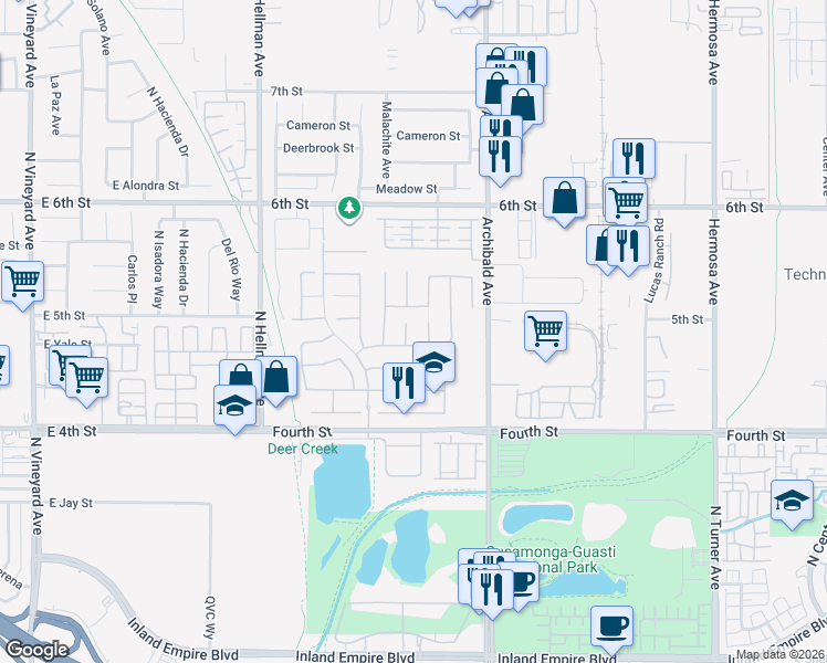 map of restaurants, bars, coffee shops, grocery stores, and more near 9539 Brook Drive in Rancho Cucamonga