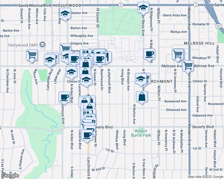map of restaurants, bars, coffee shops, grocery stores, and more near 560 North Plymouth Boulevard in Los Angeles
