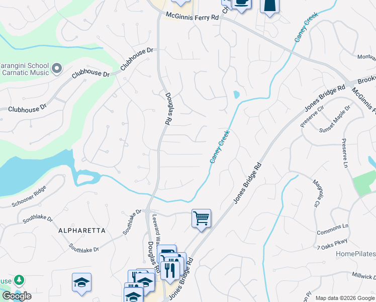 map of restaurants, bars, coffee shops, grocery stores, and more near 1265 Redbud Drive in Alpharetta