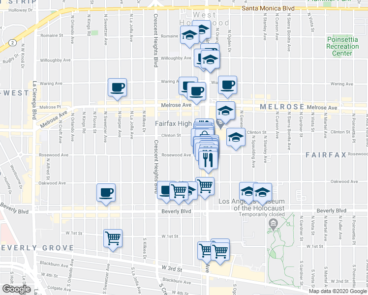map of restaurants, bars, coffee shops, grocery stores, and more near 522 North Edinburgh Avenue in Los Angeles