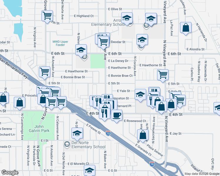 map of restaurants, bars, coffee shops, grocery stores, and more near 1218 North Baker Avenue in Ontario