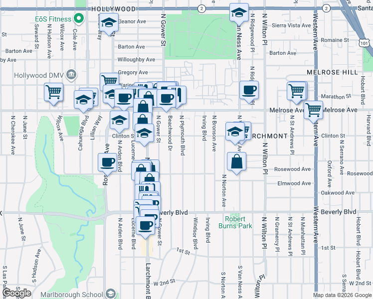 map of restaurants, bars, coffee shops, grocery stores, and more near 560 North Plymouth Boulevard in Los Angeles