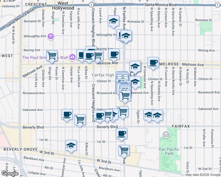 map of restaurants, bars, coffee shops, grocery stores, and more near 522 North Edinburgh Avenue in Los Angeles