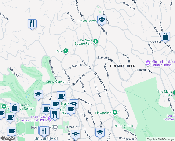 map of restaurants, bars, coffee shops, grocery stores, and more near 101 Bel Air Road in Los Angeles