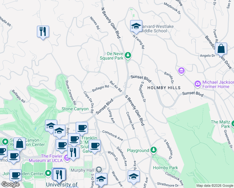 map of restaurants, bars, coffee shops, grocery stores, and more near 10425 Sunset Boulevard in Los Angeles